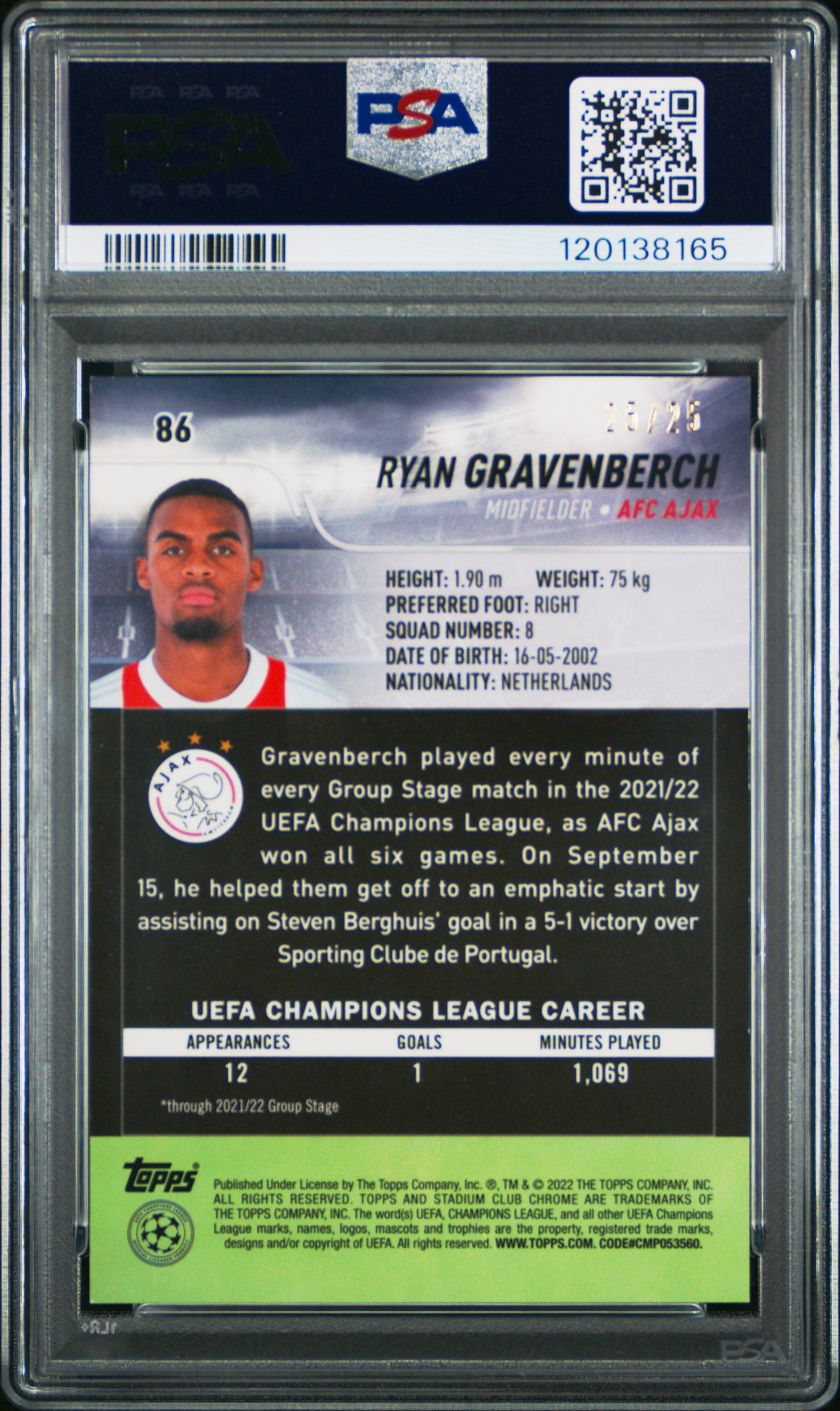 2021-22 Topps Stadium Club UEFA Ryan Gravenberch #86 Orange Wave 25/25 PSA 9