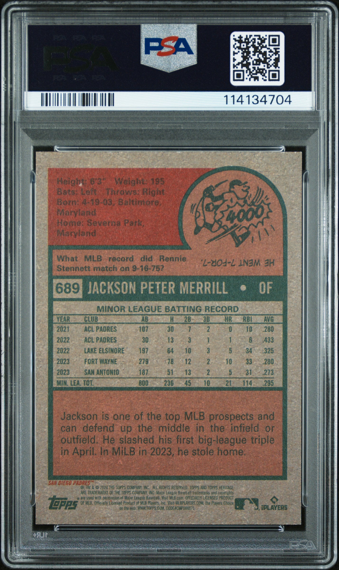 2024 Topps Heritage Jackson Merrill #689 Team Name City Name Swap Rookie PSA 10