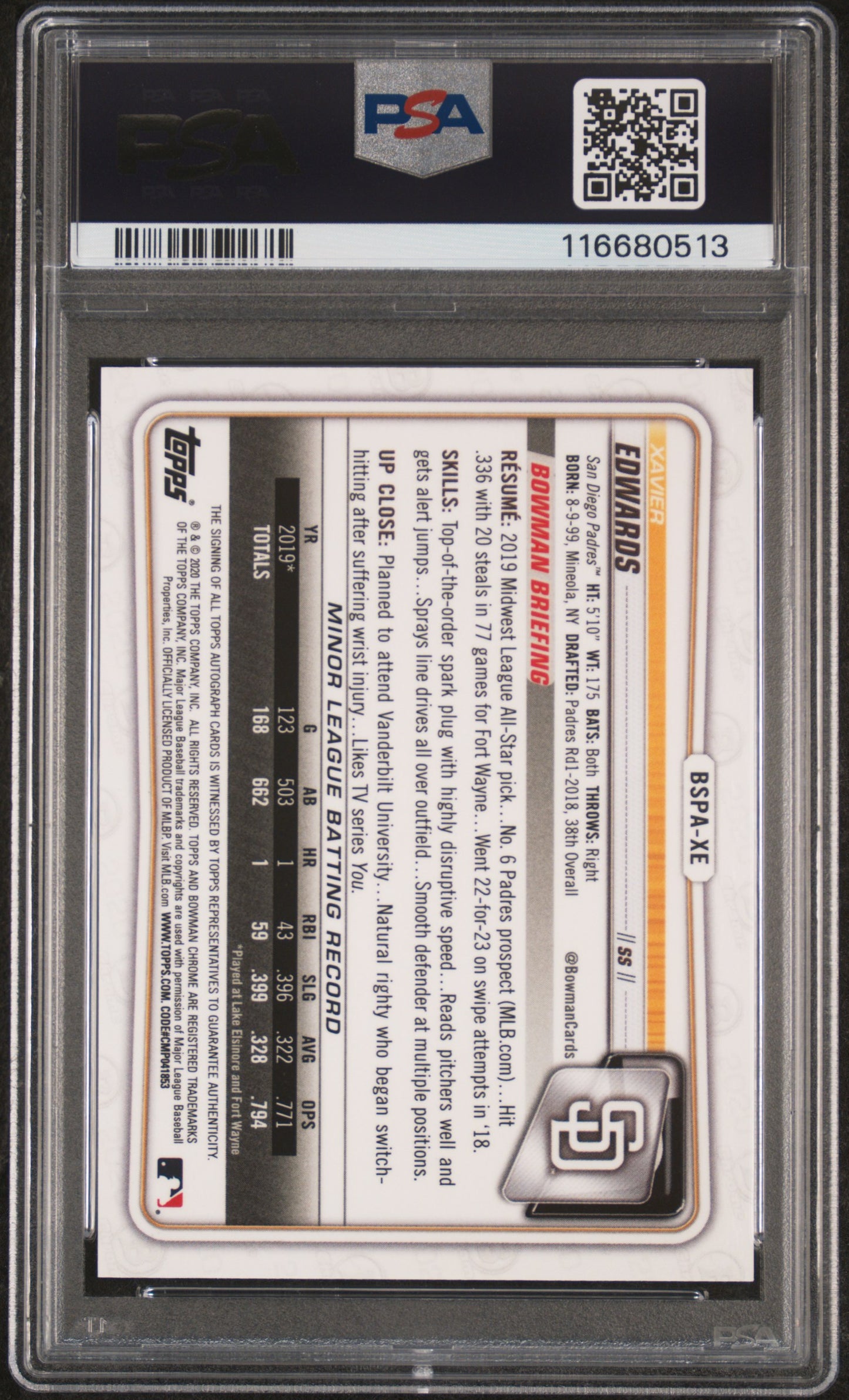 2020 Bowman Chrome Sapphire Xavier Edwards #BSPA-XE Auto PSA 10