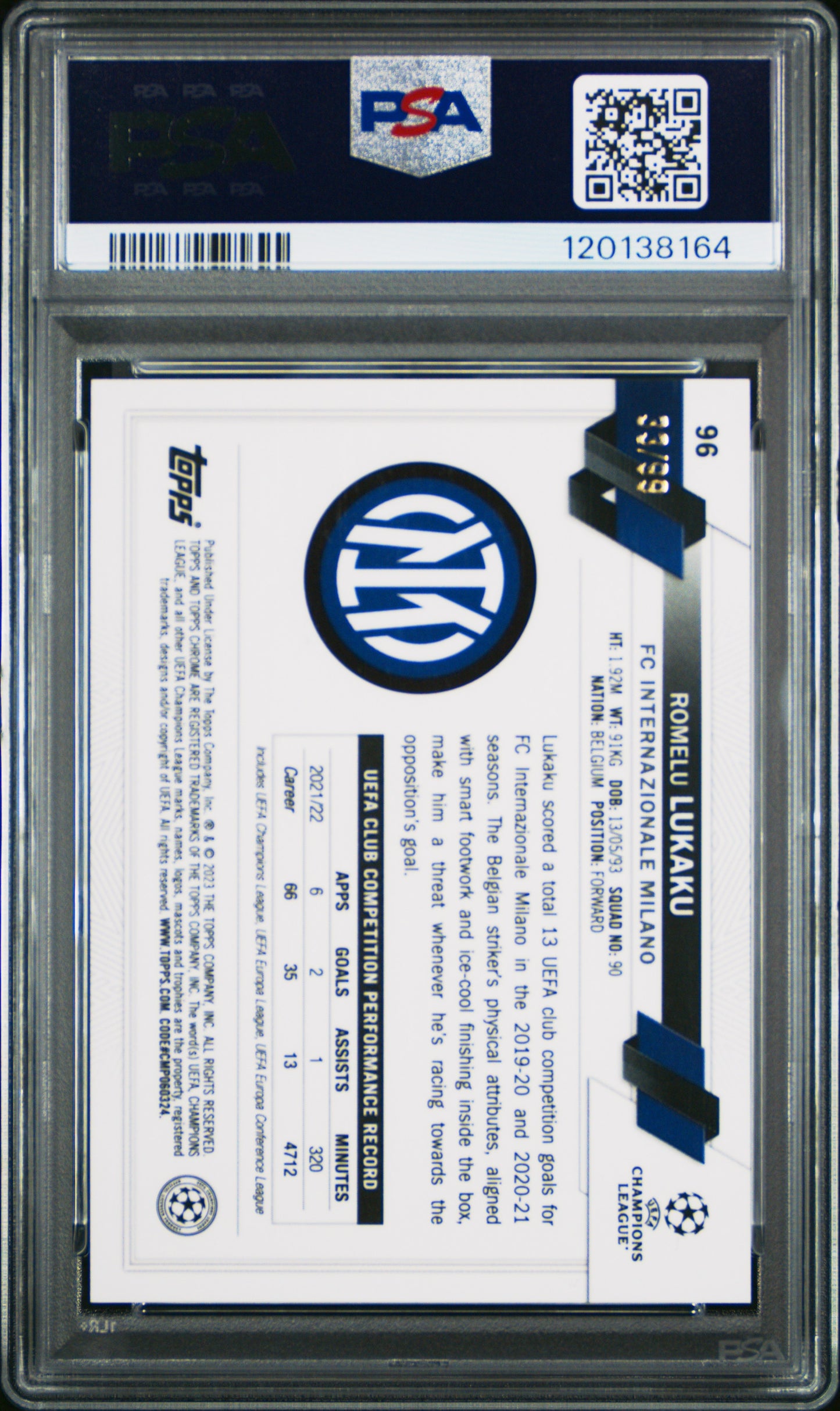2022-23 Topps Chrome UEFA Sapphire Romelu Lukaku #96 Yellow 33/99 PSA 10
