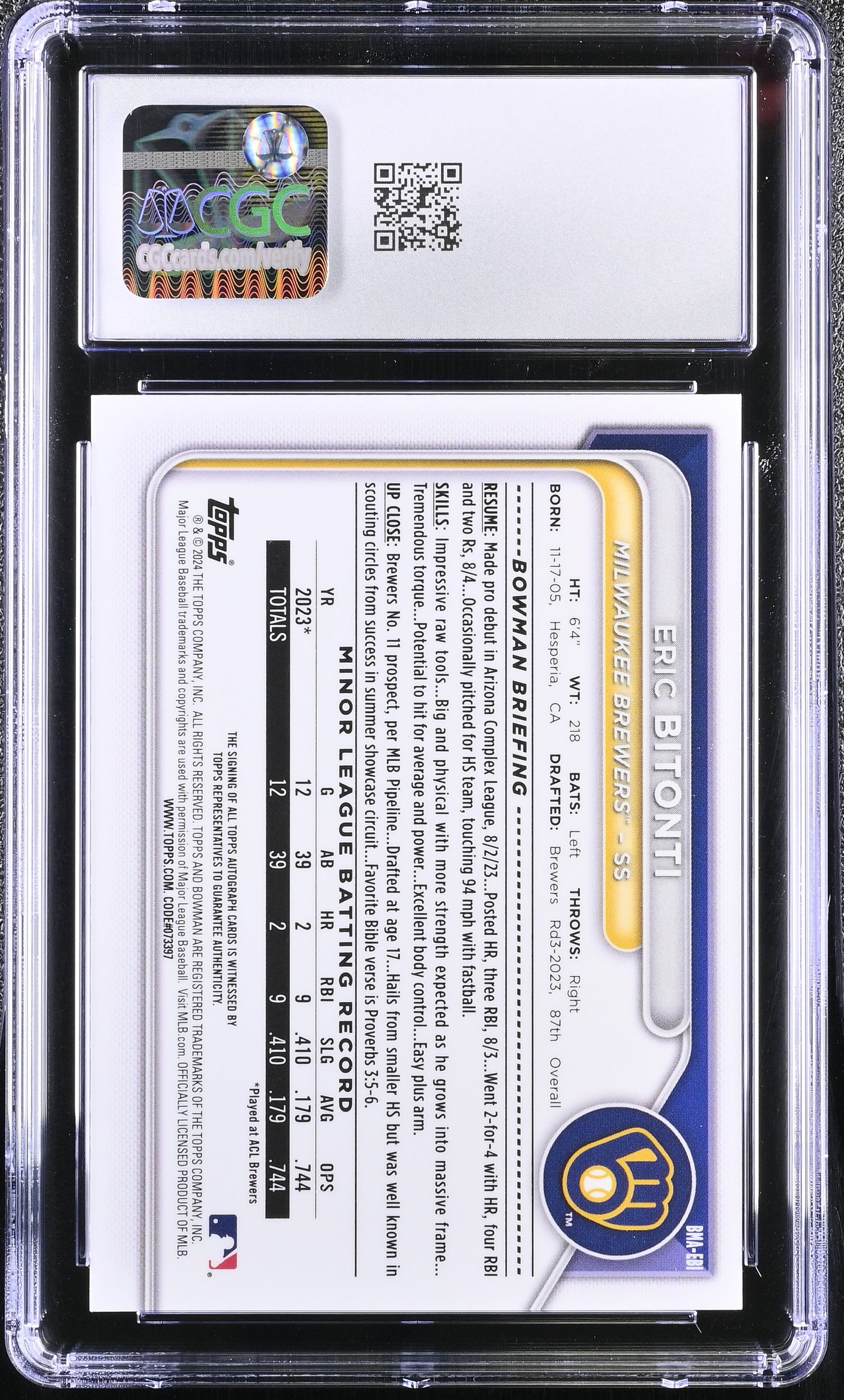 2024 Bowman Mega Box Eric Bitonti #BMA-EBI Purple Autographs CGC 10