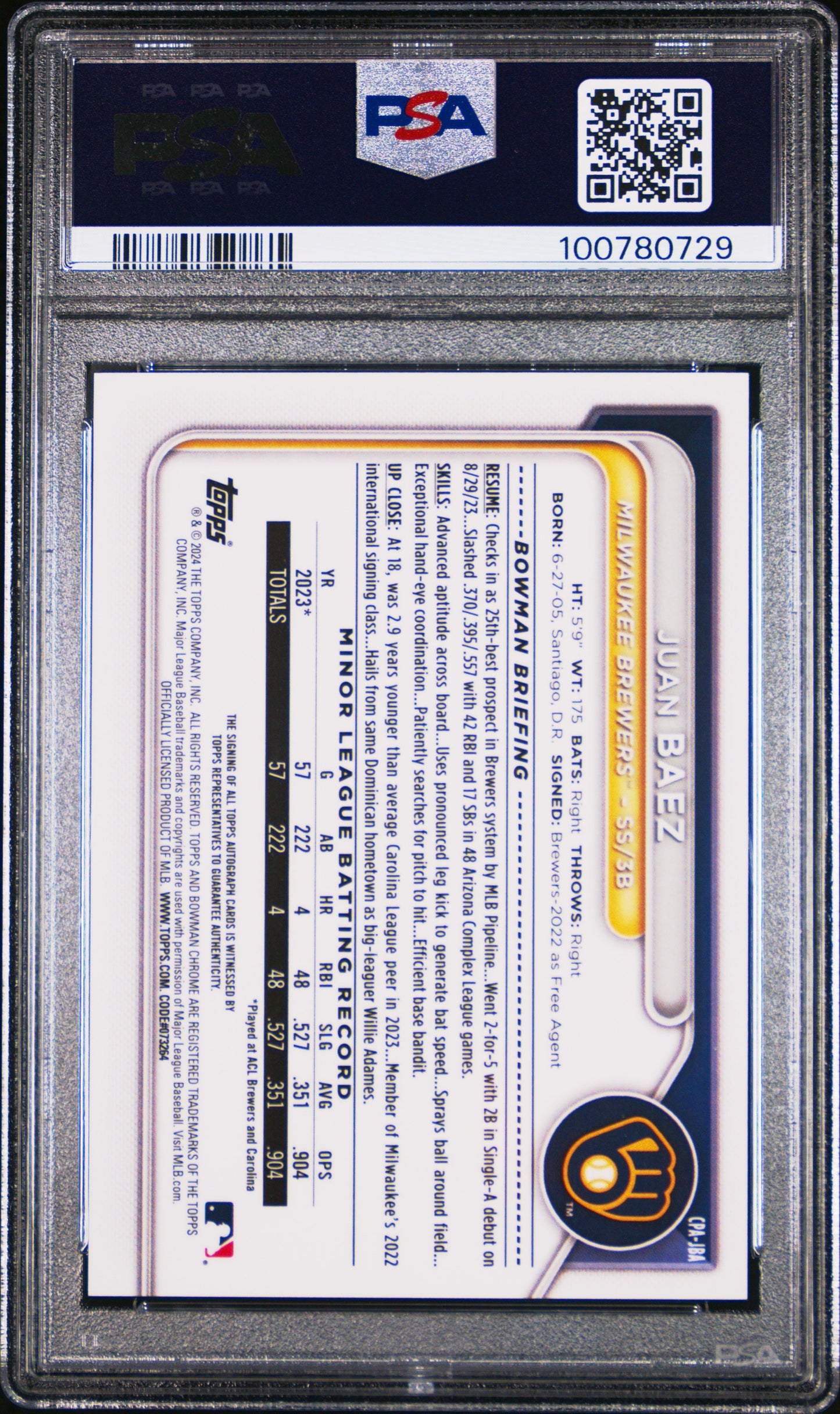 2024 Bowman Chrome Juan Baez #CPA-JBA Mini Diamond Auto /100 1st Bowman PSA 10