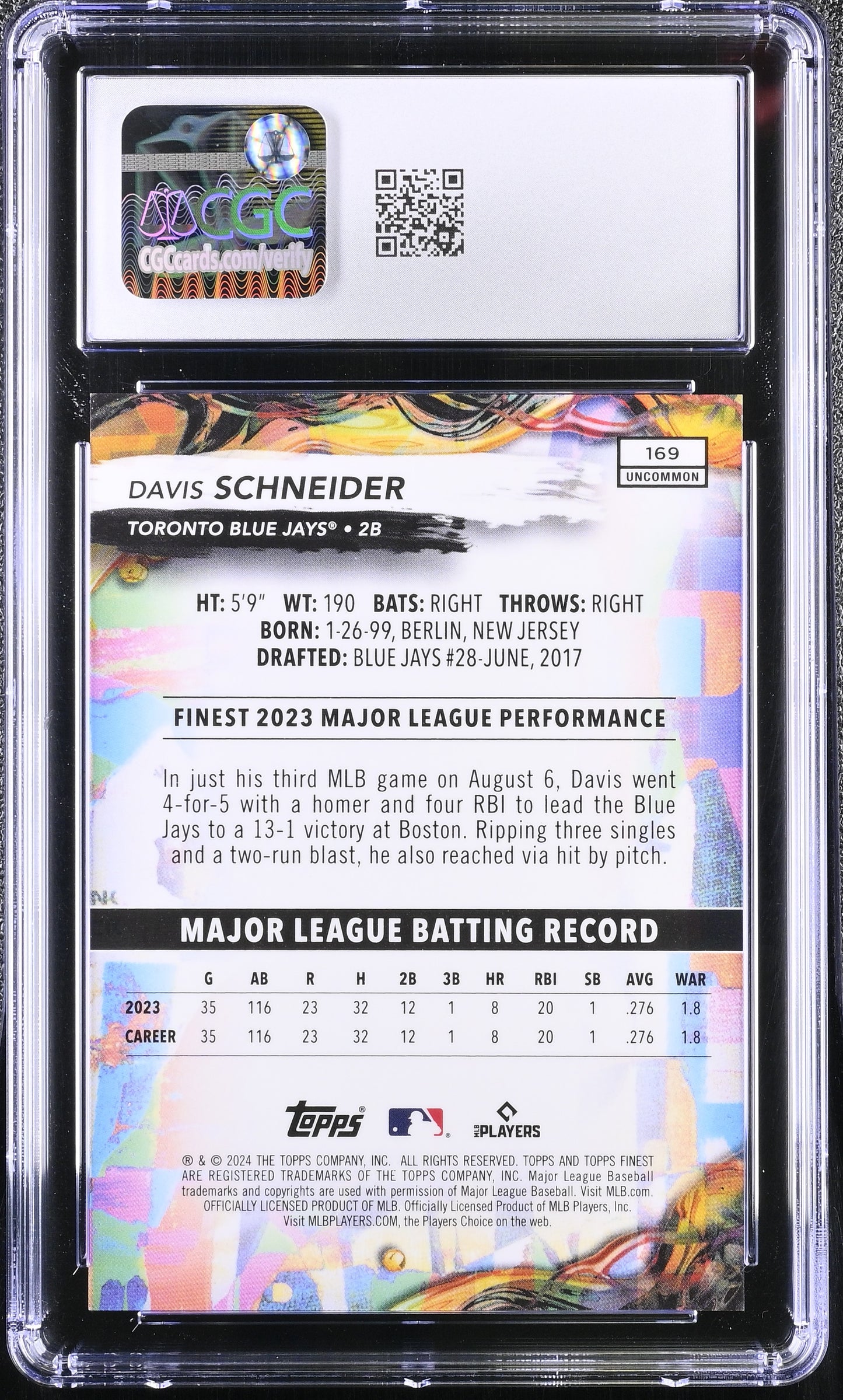 2024 Topps Finest Davis Schneider #169 Black Refractor CGC 10