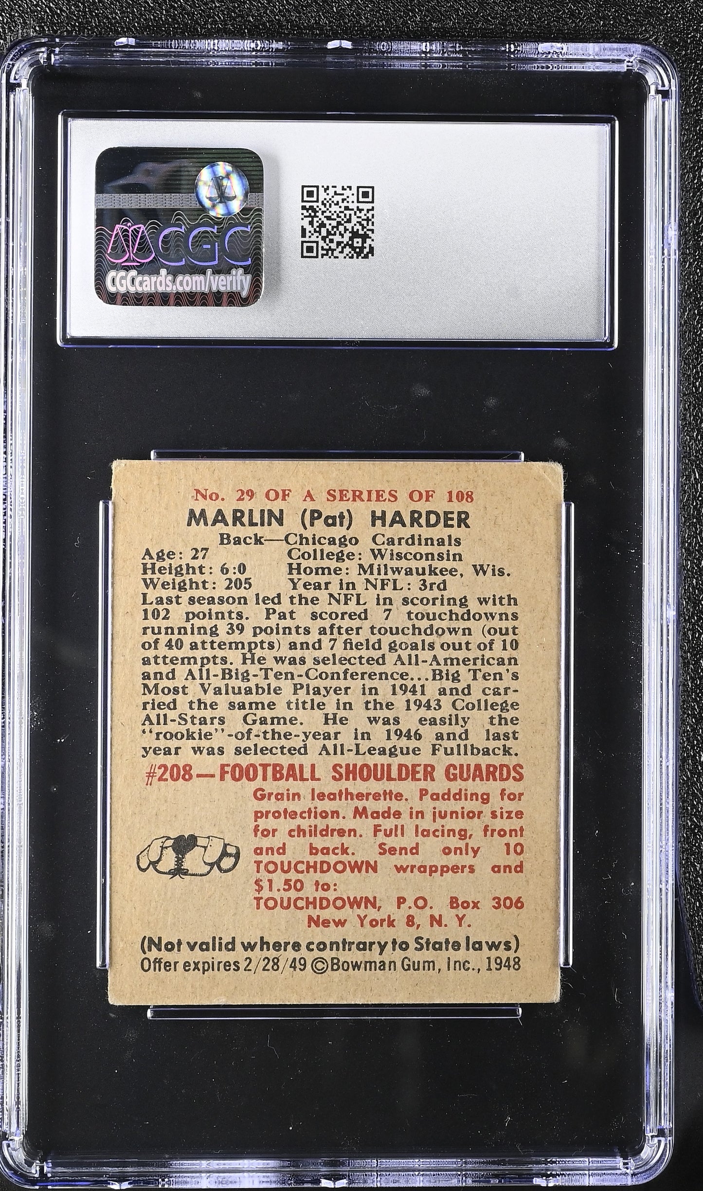 1948 Bowman Football Pat Harder #29 CGC 3.5