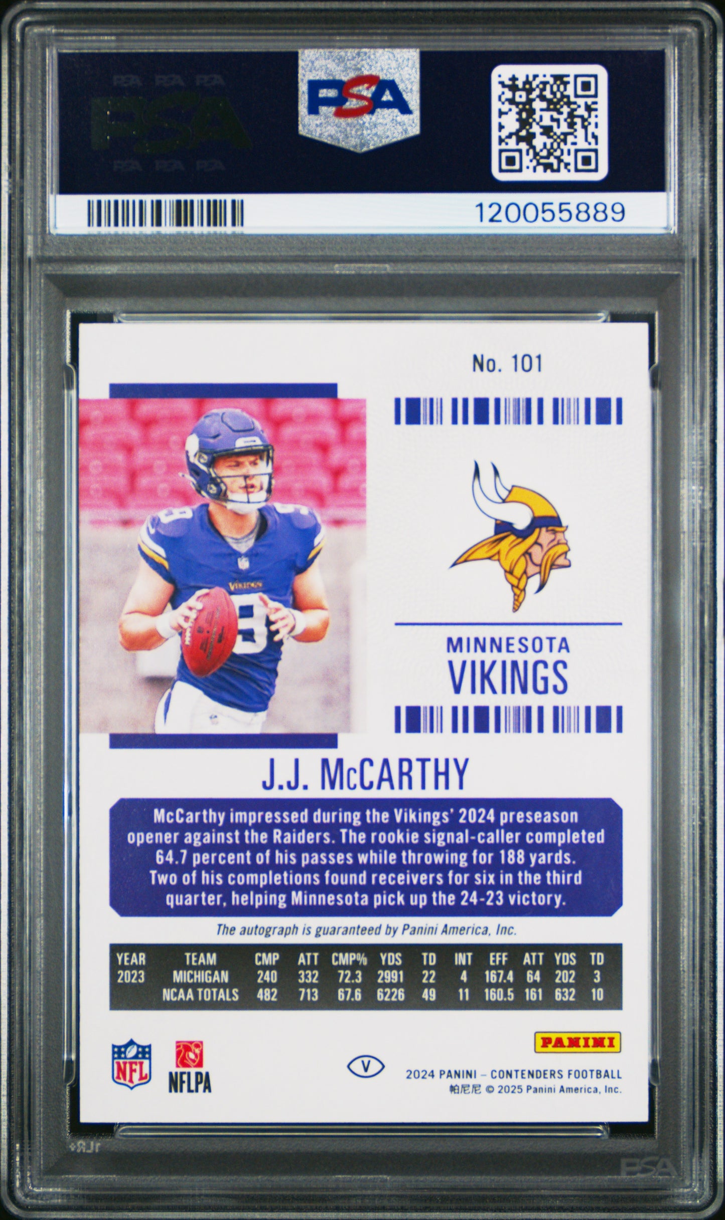 2024 Panini Contenders JJ Mccarthy #101 RC Rookie Ticket Variation Auto PSA 9