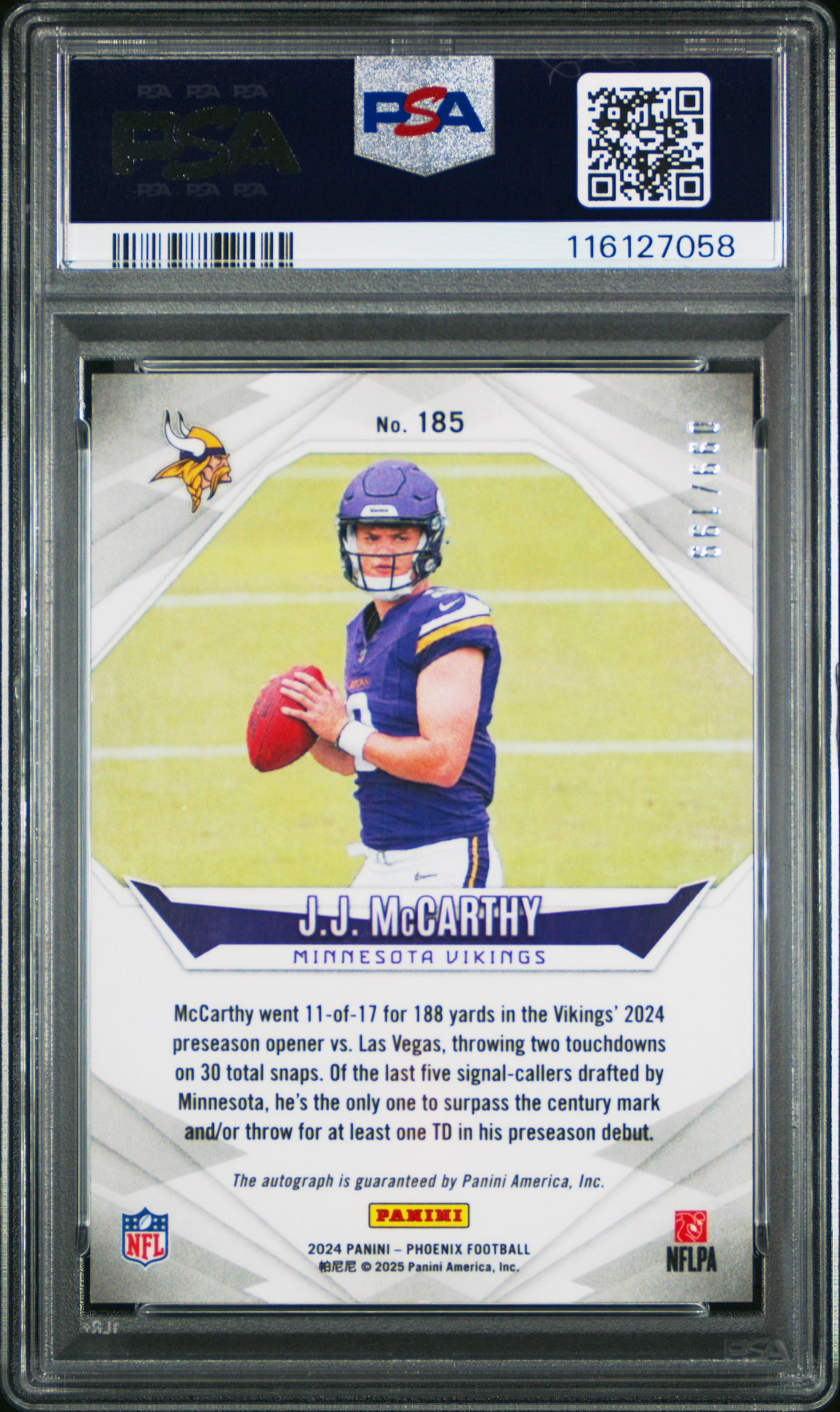 2024 Panini Phoenix JJ Mccarthy #185 Auto Silver 099/199 RC Rookie PSA 10