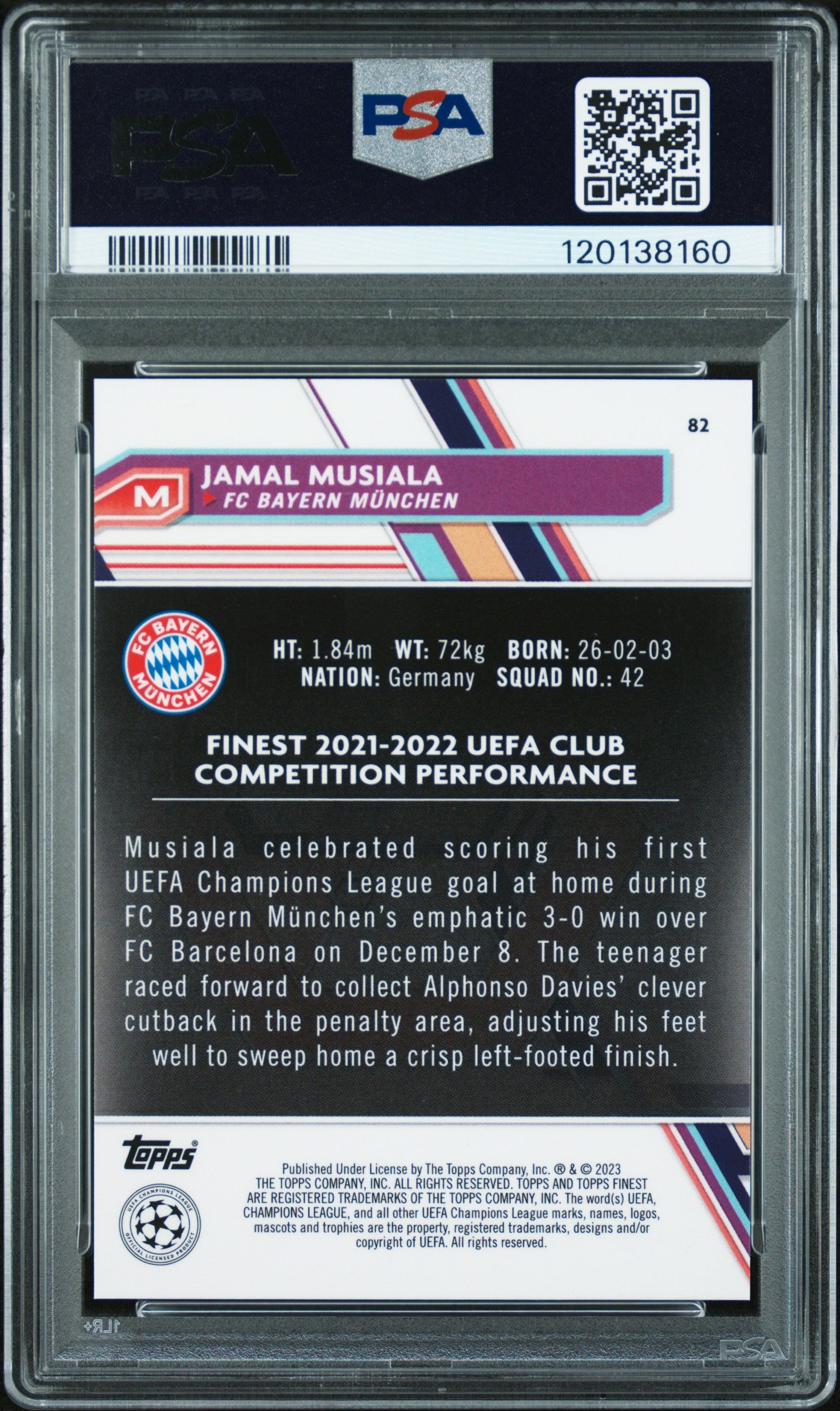 2022-23 Topps Finest UEFA Jamal Musiala #82 Sky Blue Refractor 017/275 PSA 9