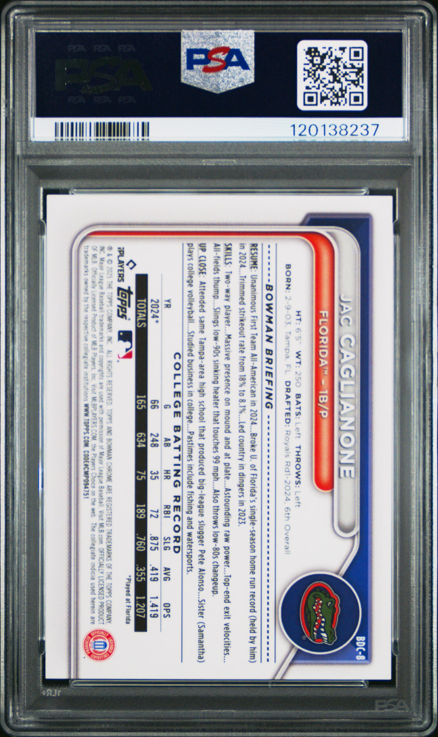 2024 Bowman Draft Jac Caglianone #BDC8 Chrome College Variation PSA 10