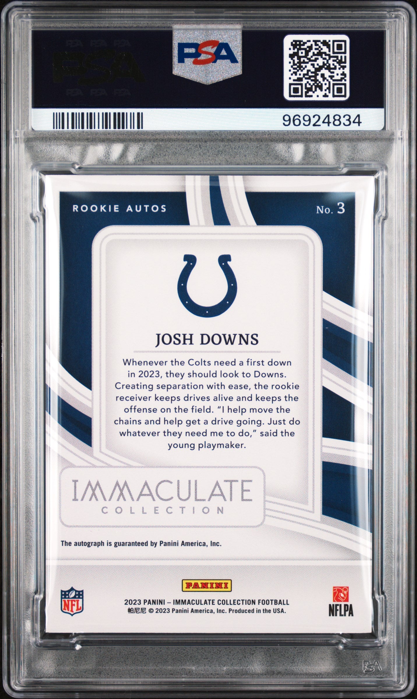 2023 Panini Immaculate Collection Josh Downs #3 RC Rookie Auto 46/99 PSA 9