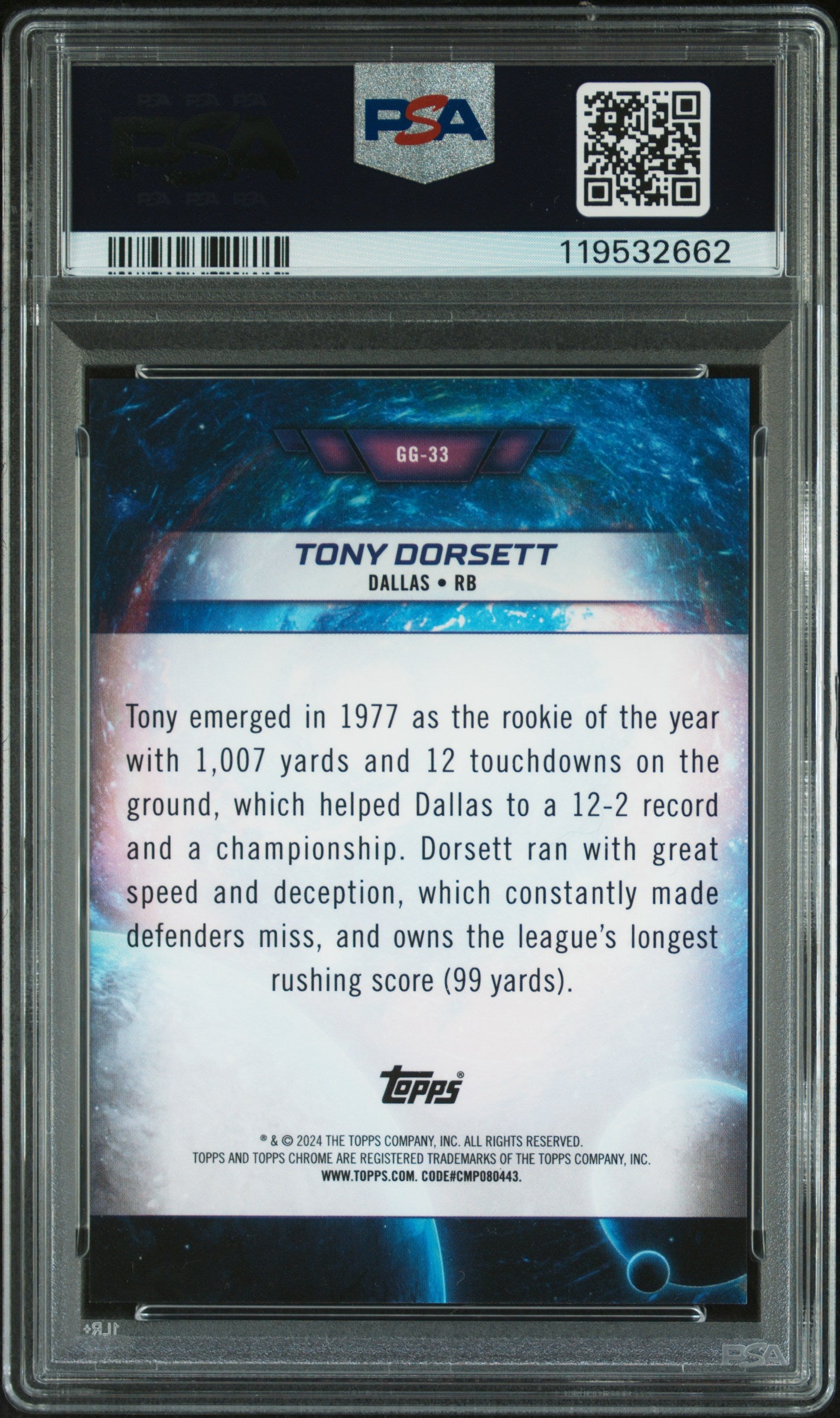 2024 Topps Cosmic Chrome Galaxy Greats Tony Dorsett Black Eclipse 06/10 PSA 9