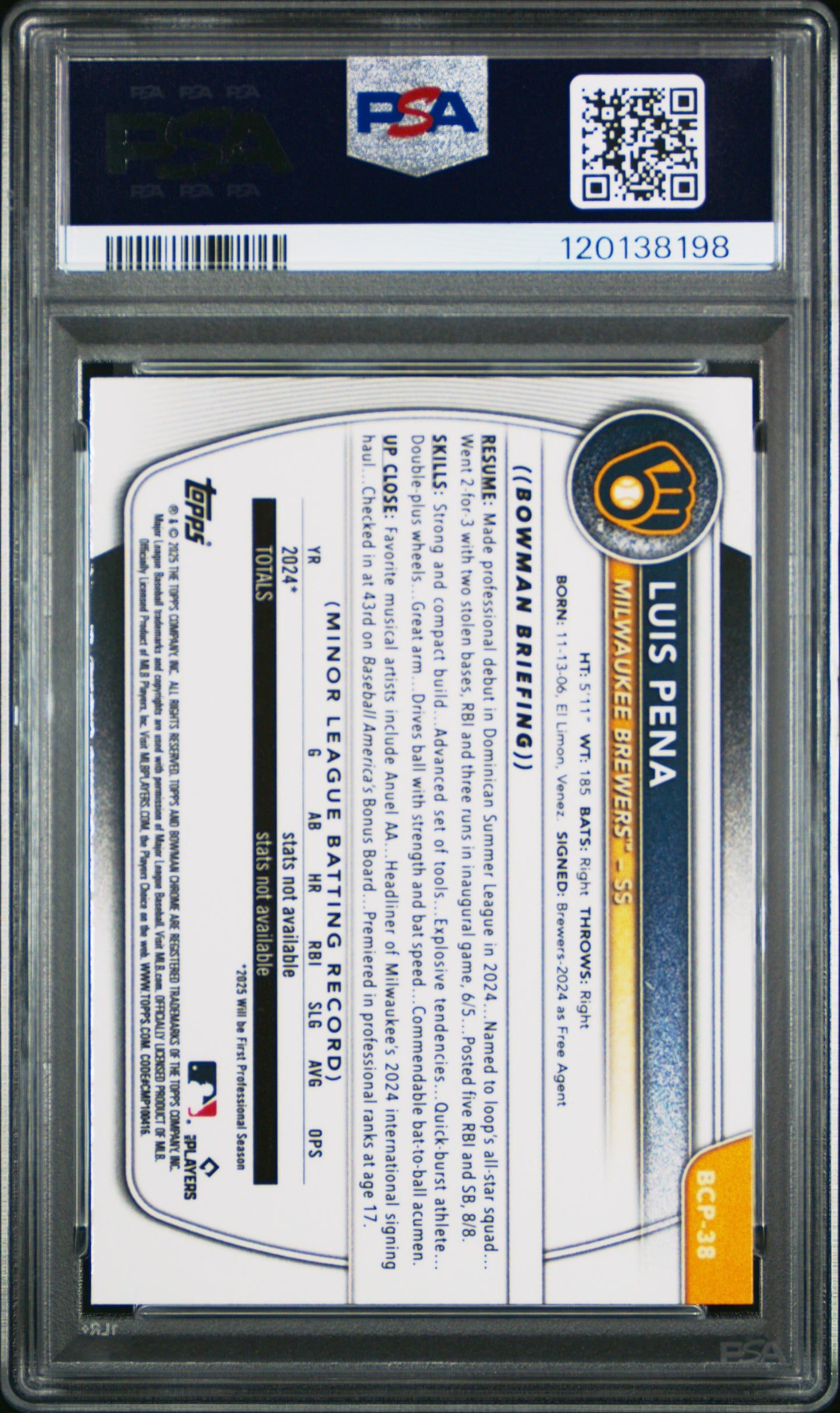 2025 Bowman Luis Pena #BCP-38 Yellow Wave 1st Bowman Chrome 71/75 PSA 10