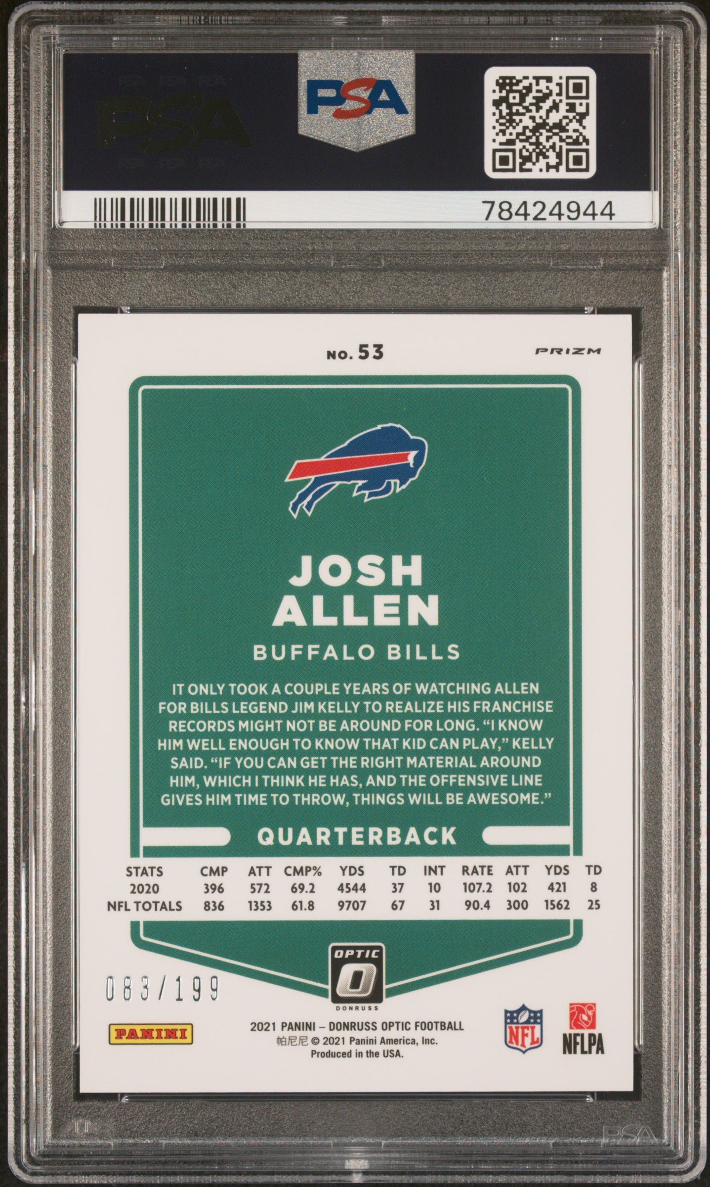 2021 Panini Donruss Optic Josh Allen #53 Orange 083/199 PSA 10