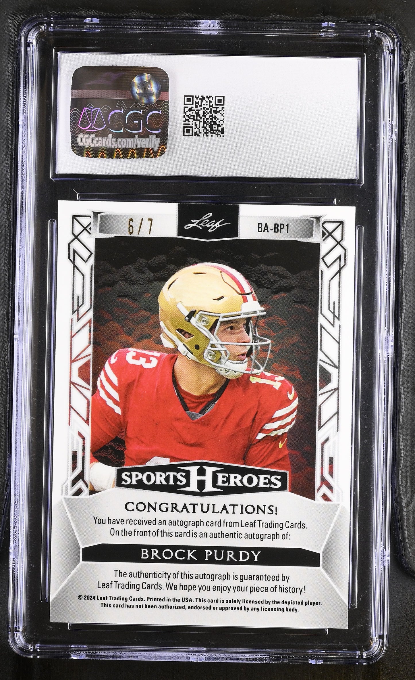 2024 Leaf Sports Heroes Brock Purdy #BA-BP1 Black Crystal Auto 6/7 CGC 9