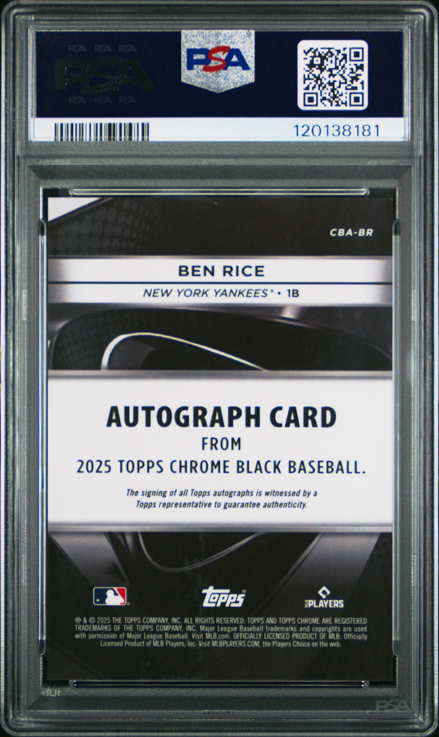 2025 Topps Chrome Black Auto Ben Rice #CBA-BR Blue RC Rookie 089/150 PSA 9