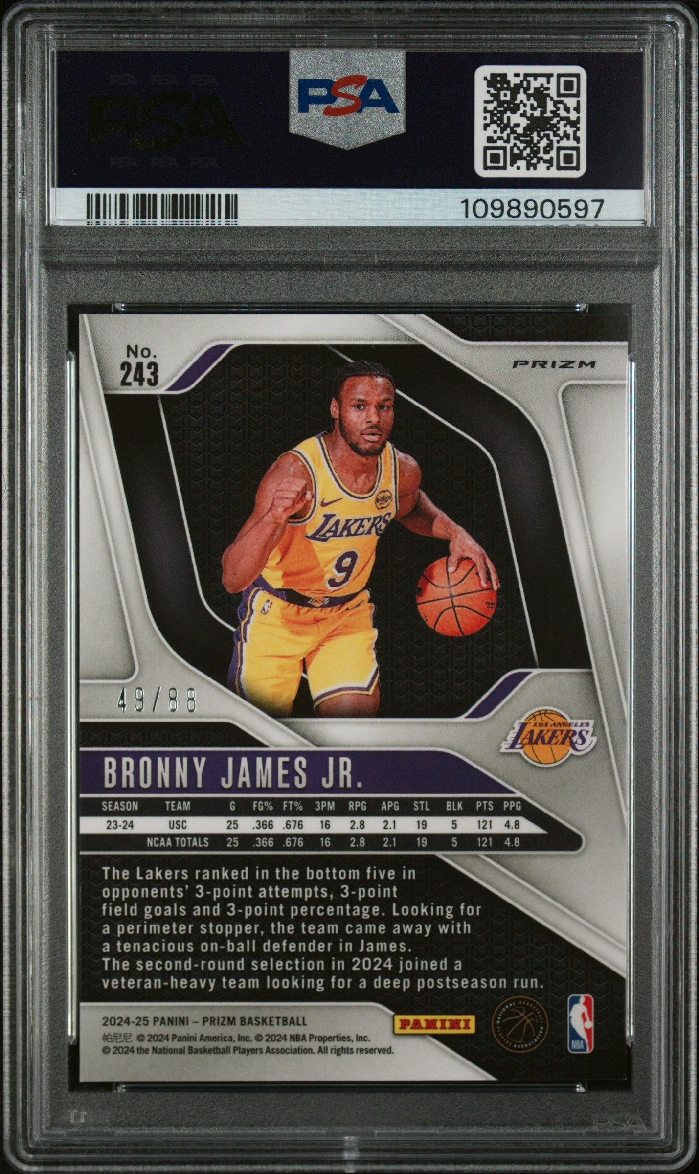 2024-25 Panini Prizm Bronny James JR. #243 Red Choice Prizm 49/88 PSA 9