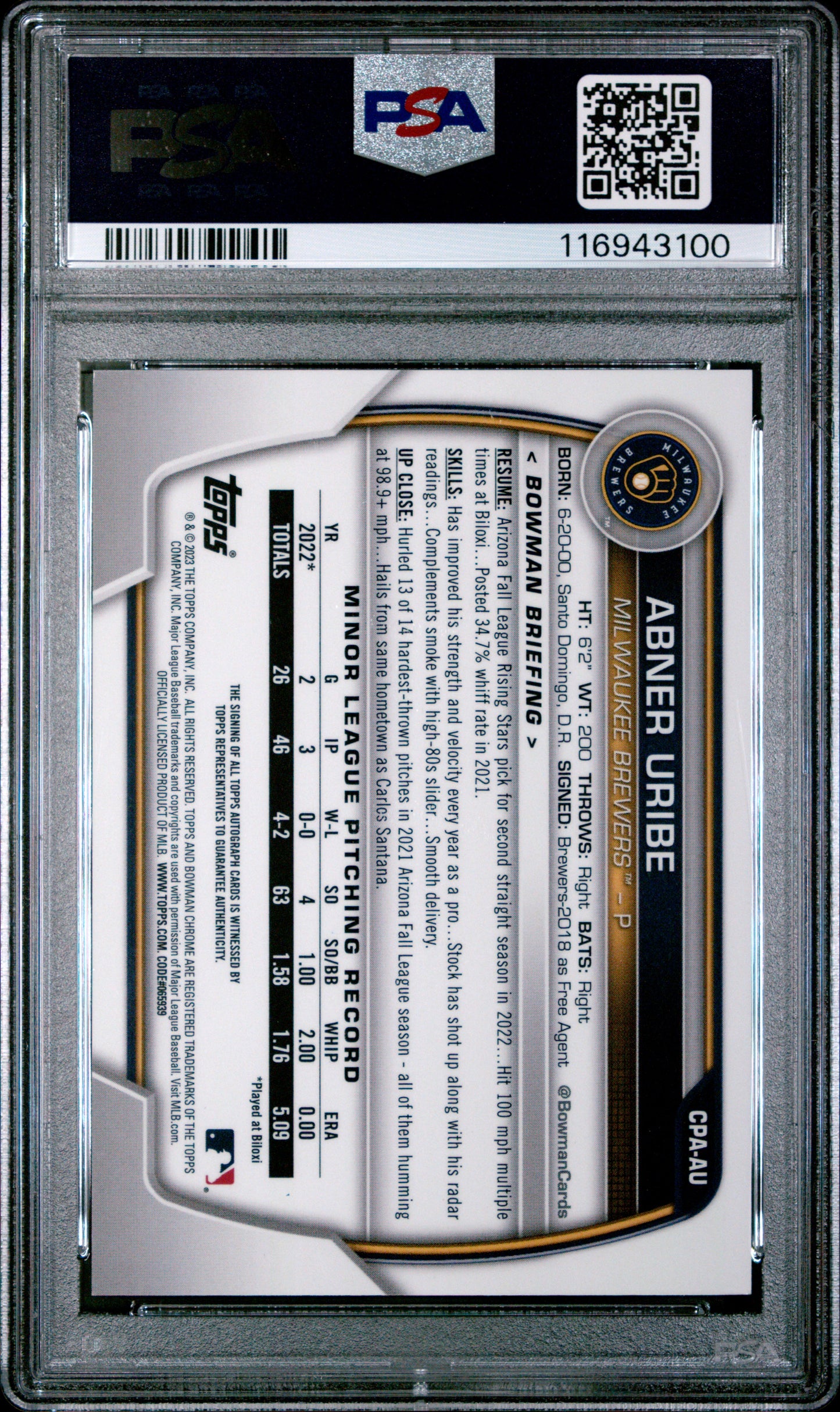 2023 Bowman Chrome Abner Uribe #CPA-AU Atomic 1st Bowman Auto 038/100 PSA 9