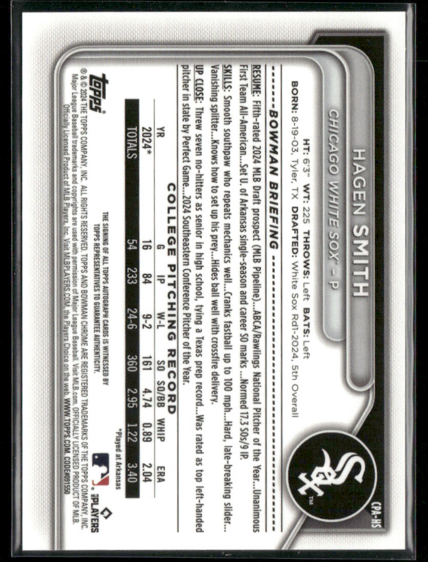 2024 Bowman Draft Hagen Smith #CPA-HS Chrome Auto