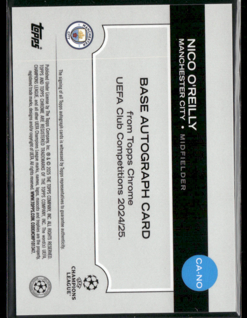 2024-25 Topps Chrome UEFA CC Nico O'Reilly #CA-NO Green Lava 09/99 Autograph RC