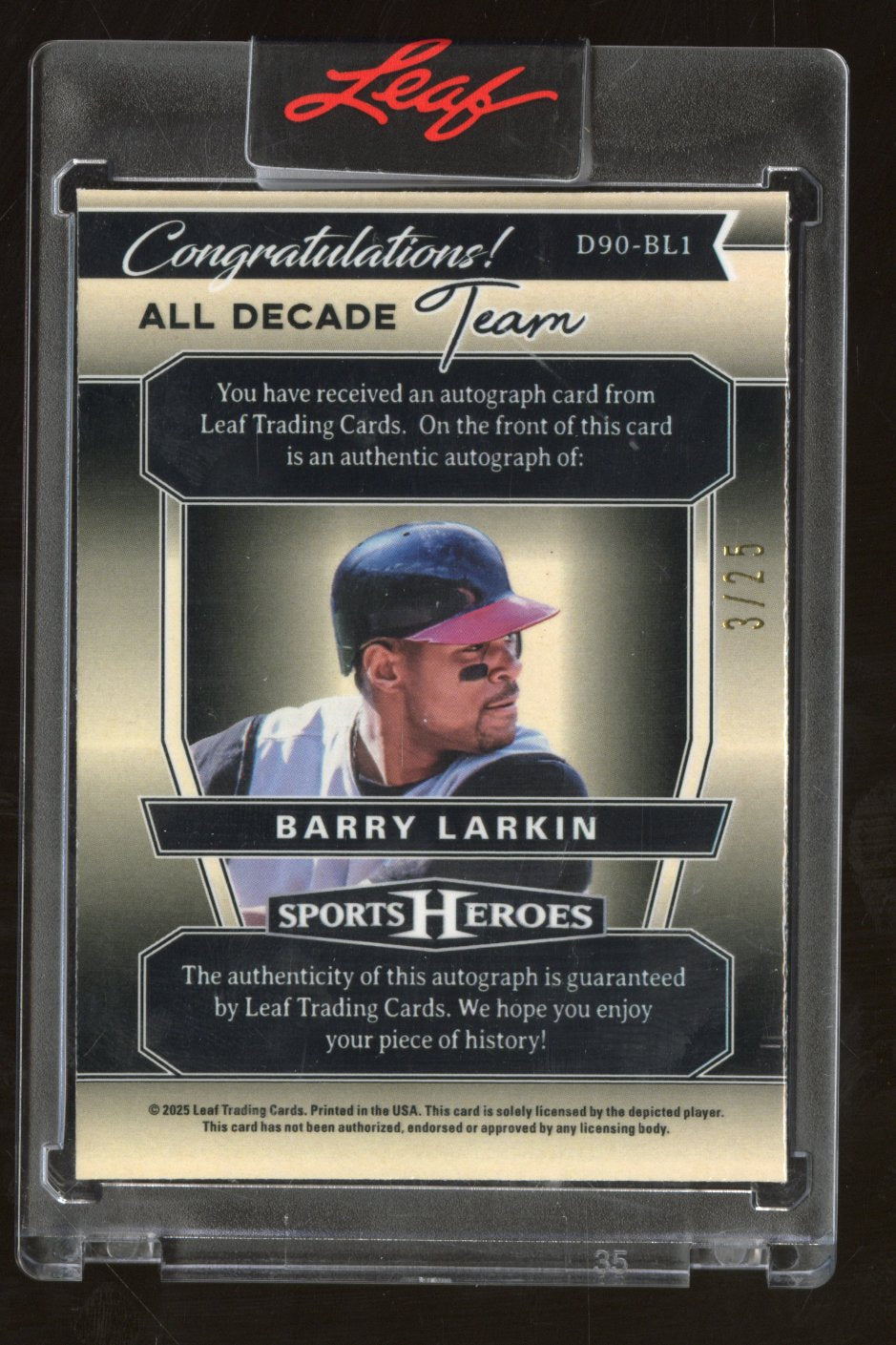 2025 Leaf Sports Heroes Barry Larkin Ice Auto 1990s All Decade Team 3/25
