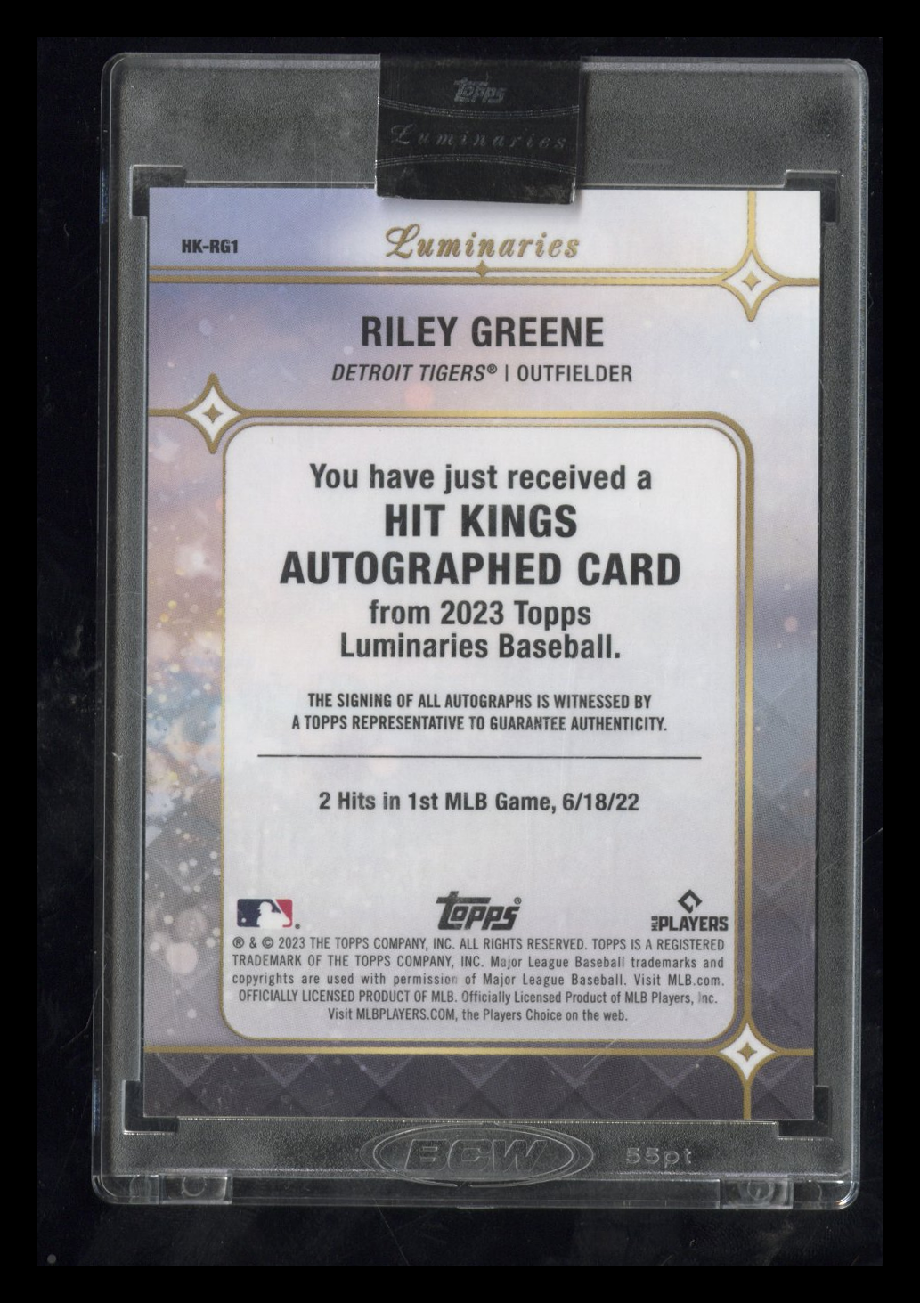 2023 Topps Luminaries Riley Greene #HK-RG1 Red RC Rookie Auto 07/10