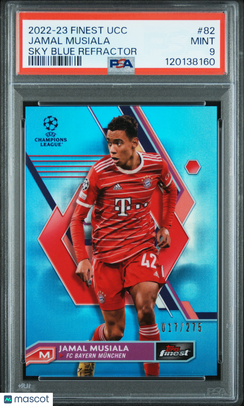 2022-23 Topps Finest UEFA Jamal Musiala #82 Sky Blue Refractor 017/275 PSA 9