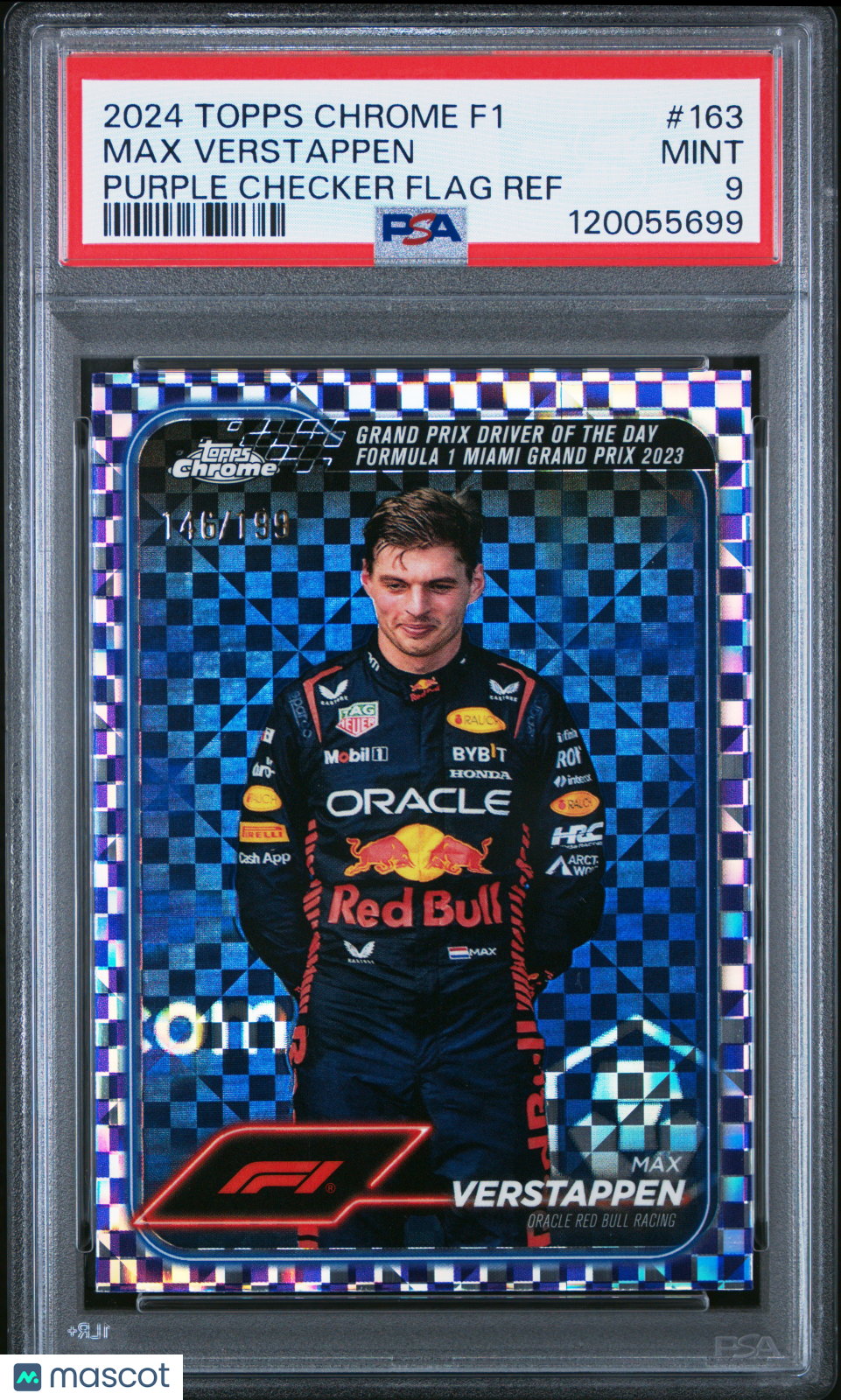 2024 Topps Chrome Formula 1 Max Verstappen #163 Purple Checker Flag /199 PSA 9