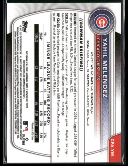 2025 Bowman Chrome Yahil Melendez #CPA-YM Green Lava 24/99 1st Bowman Auto (BT)