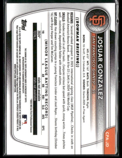 2025 Bowman Chrome Josuar Gonzalez #CPA-JG Blue 1st Bowman Auto 034/150 (BT)