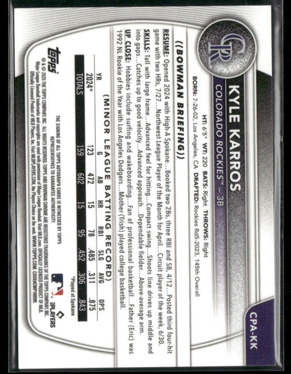2025 Bowman Chrome Kyle Karros #CPA-KK Orange Wave 09/25 1st Bowman Auto (BT)