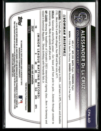 2025 Bowman Chrome Alessander De La Cruz #CPA-AD 1st Bowman Auto (BT)