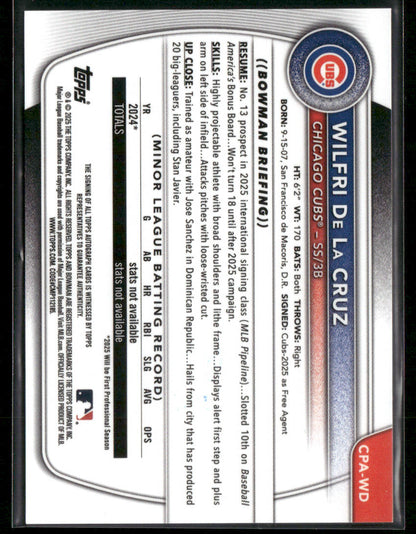 2025 Bowman Chrome Wilfri De La Cruz #CPA-WD HTA 1st Bowman Auto 136/150 (BT)