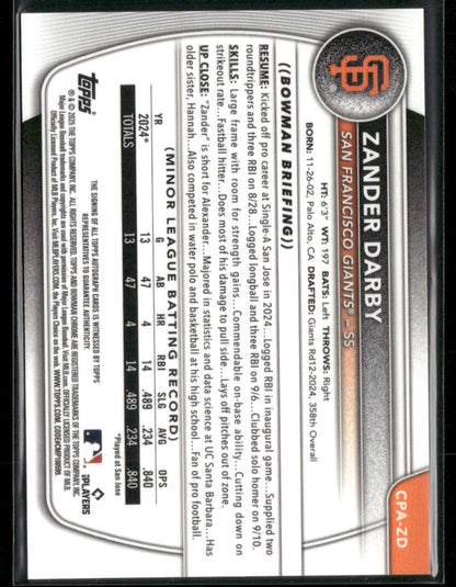 2025 Bowman Chrome Zander Darby #CPA-ZD Green Lava 1st Bowman Auto 50/99 (BT)