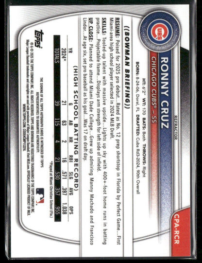 2025 Bowman Chrome Ronny Cruz #CPA-RCR Refractor 1st Bowman Auto 225/499