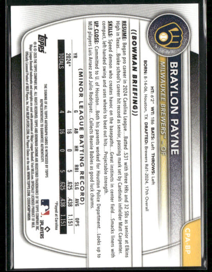 2025 Bowman Chrome Braylon Payne #CPA-BP Purple Refractor 177/250 Auto