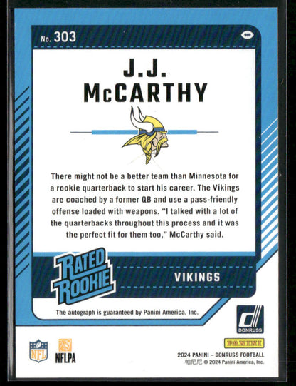2024 Panini Donruss J.J. McCarthy #303 Blue Rated Rookie Auto
