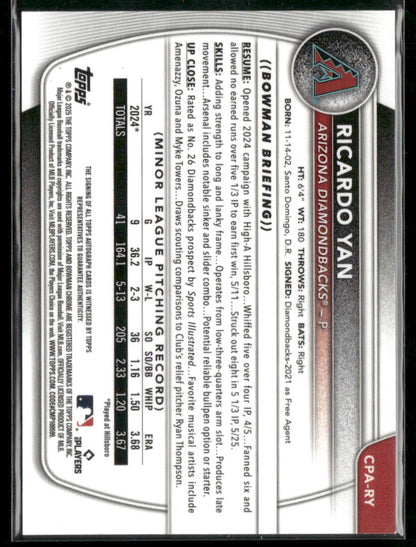 2025 Bowman Ricardo Yan #CPA-RY Speckle Refractor 1st Bowman Chrome Auto 093/299
