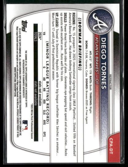 2025 Bowman Chrome Diego Tornes #CPA-DT 1st Bowman Auto Refractor 099/499