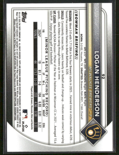 2025 Bowman Chrome Logan Henderson #92 Yellow Refractor RC Rookie 09/75