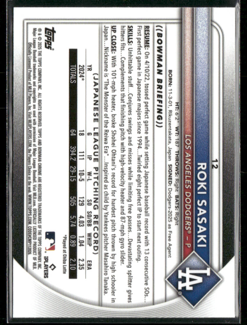 2025 Bowman Chrome Roki Sasaki #12 Geometric Refractor RC Rookie 351/499