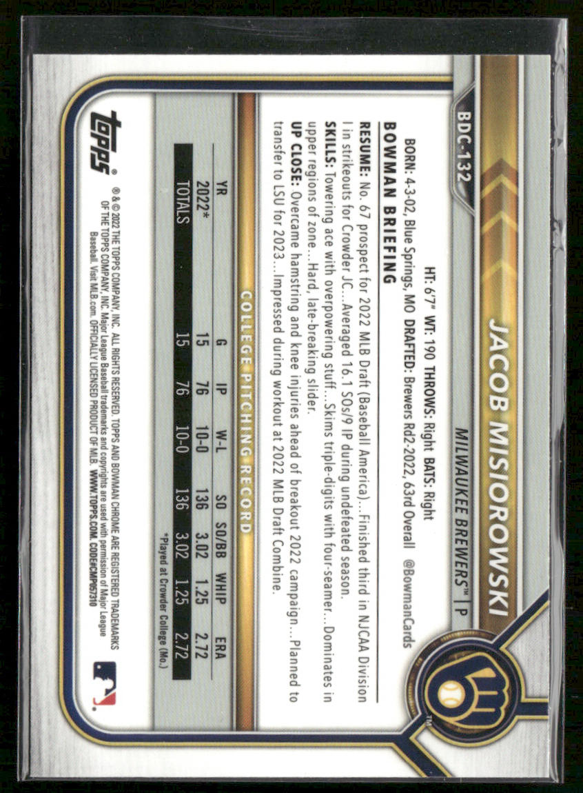 2022 Bowman Draft Jacob Misiorowski #BDC-132 Black & White RayWave 1st Bowman
