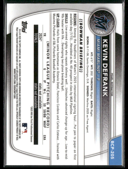 2025 Bowman Chrome Kevin Defrank #BCP-205 Pearl Refractor SSP 1st Bowman