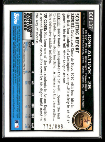 2010 Bowman Chrome Jose Altuve #BCP137 Purple Refractor 1st Bowman 772/899