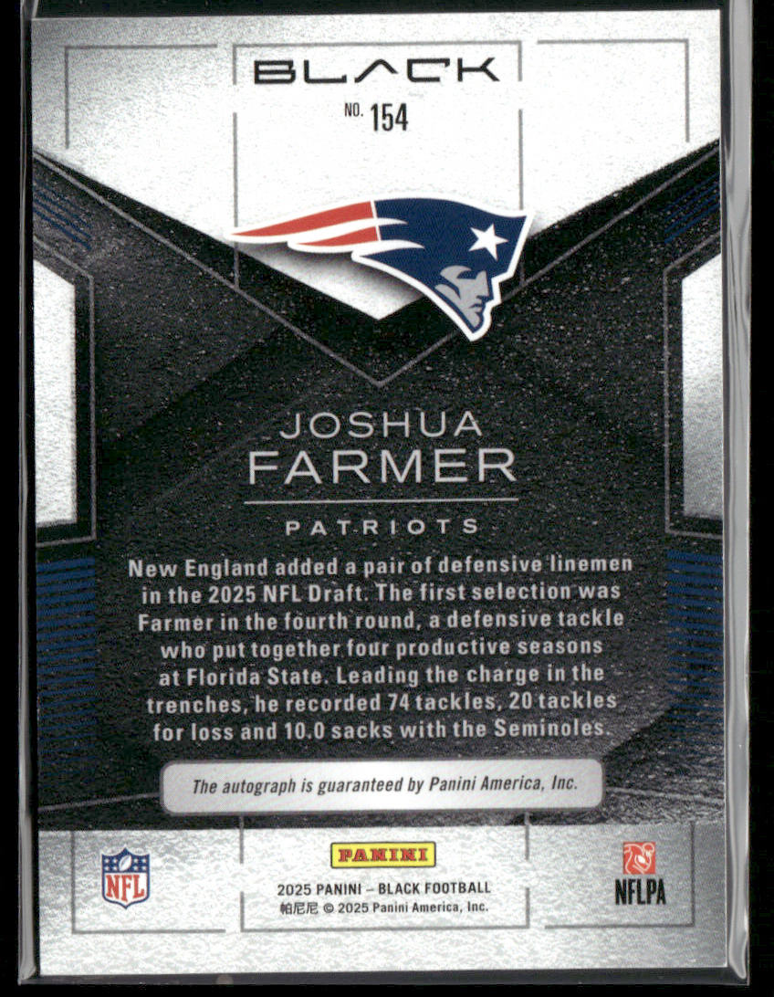 2025 Panini Black Football Joshua Farmer #154 RC Rookie Auto 161/199