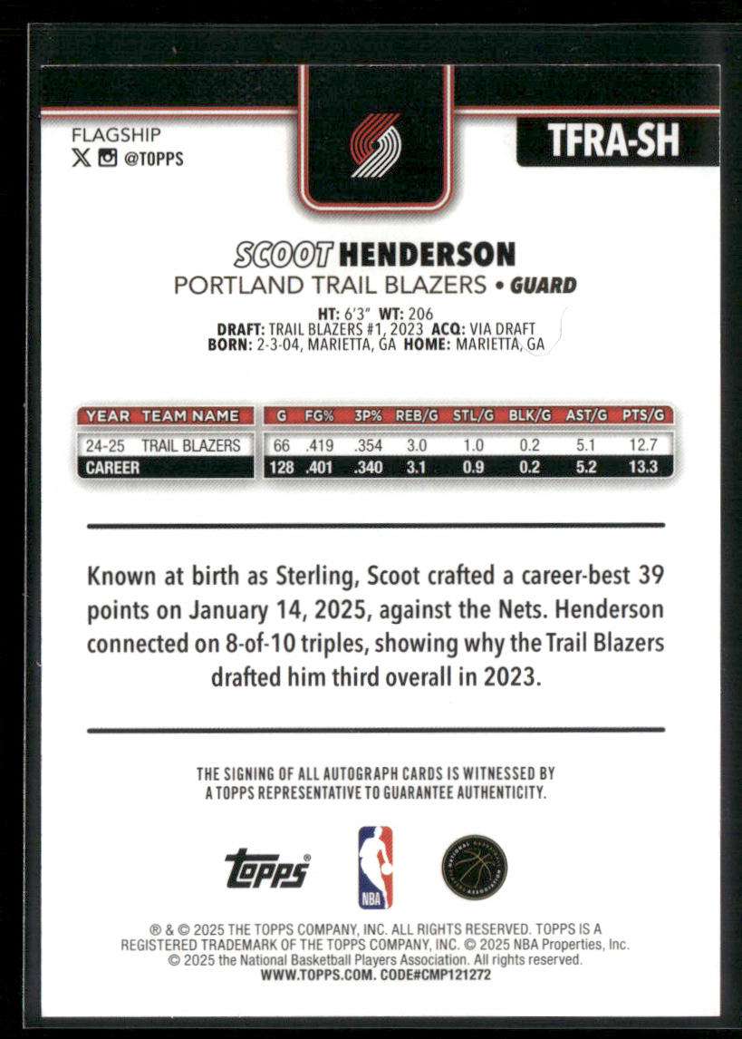 2025-26 Topps Flagship Scoot Henderson #TFRA-SH Real One Auto Gold Rainbow 16/50