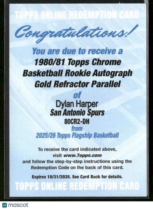 2025-26 Topps Flagship Chrome Auto Dylan Harper Gold /50 Redemption RC Rookie