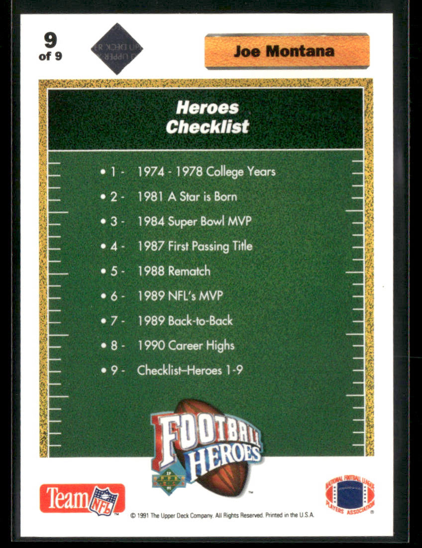1991 Upper Deck Football Heroes Joe Montana #9 Auto 1676/2500