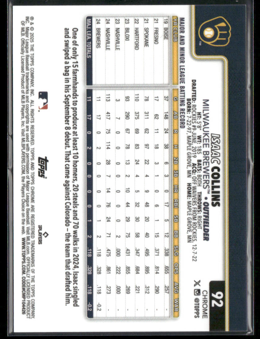 2025 Topps Chrome Isaac Collins #92 Gold Geometric RC Rookie 41/50