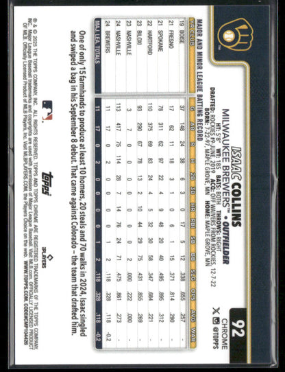 2025 Topps Chrome Isaac Collins #92 Gold Geometric RC Rookie 41/50