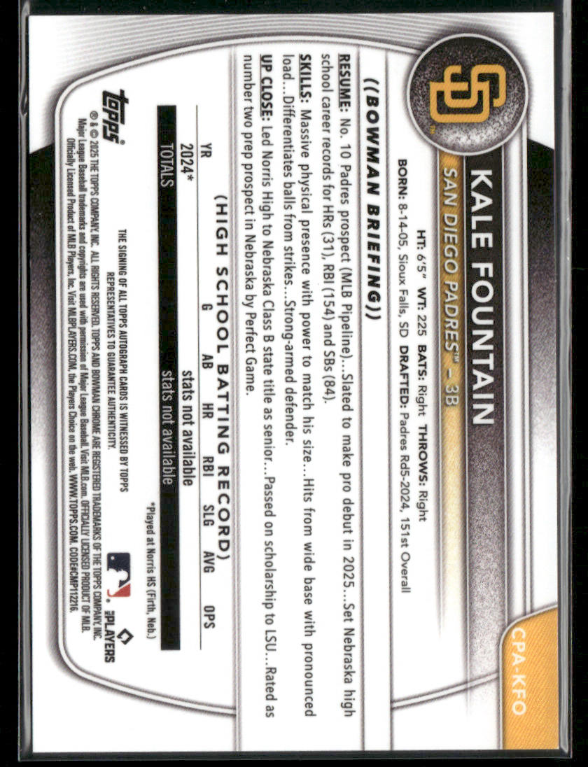 2025 Bowman Chrome Kale Fountain #CPA-KFO Gold Mini Diamond /50 1st Bowman Auto