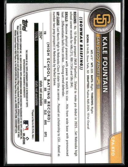 2025 Bowman Chrome Kale Fountain #CPA-KFO Gold Mini Diamond /50 1st Bowman Auto